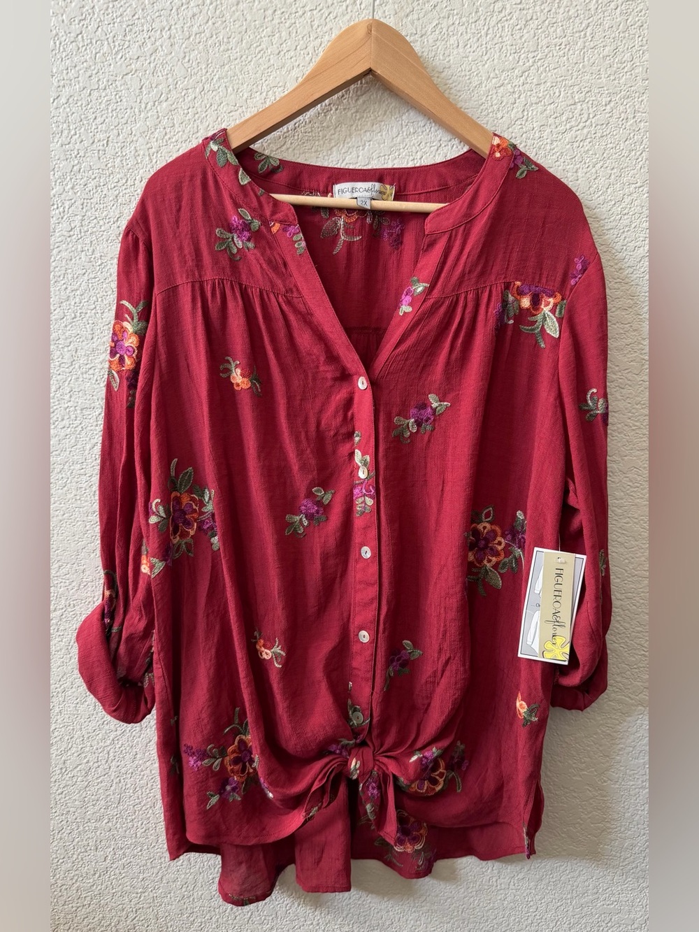 Figueroa & Flower 2X Maroon Red Embroidered Floral Tie Front Tunic Blouse